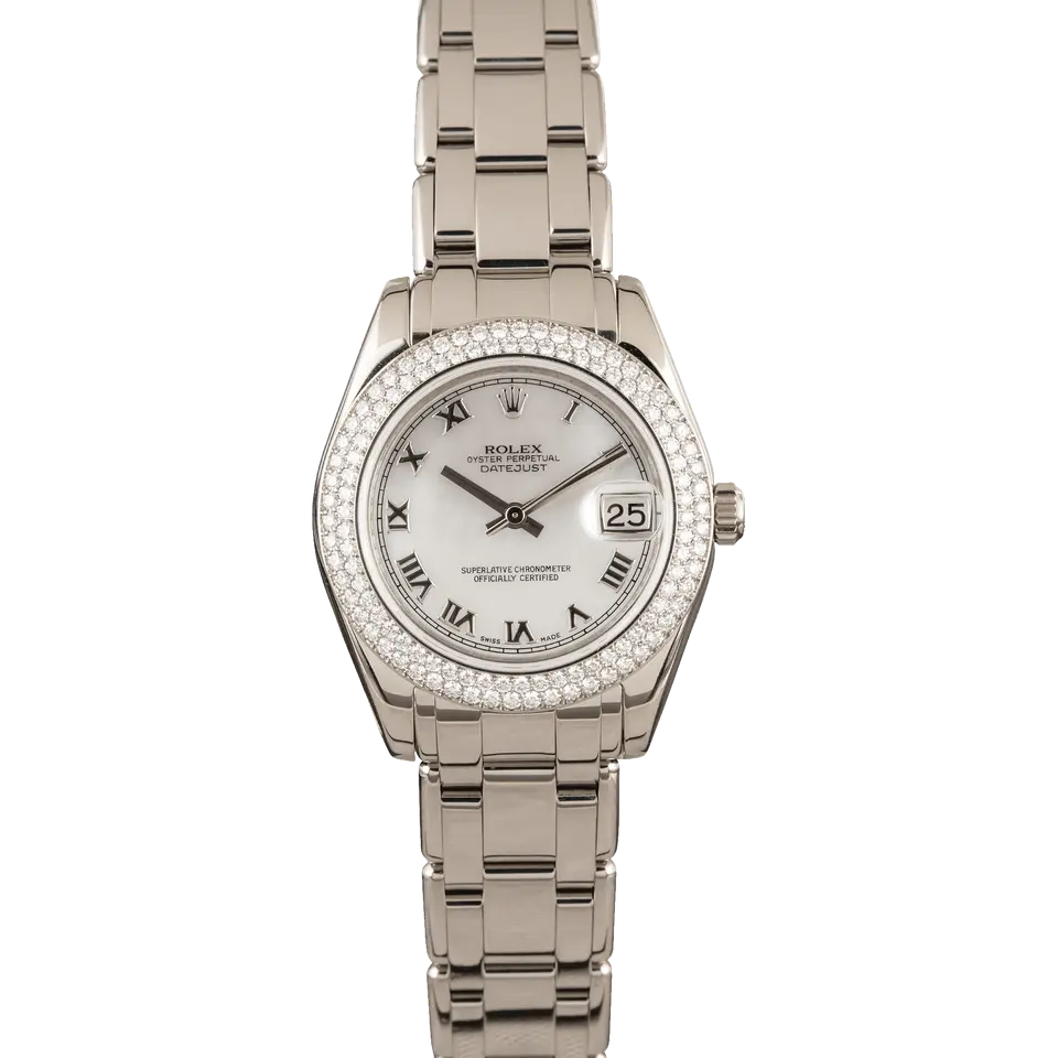 Rolex Pearlmaster 81339 with a white Roman-numeral dial, diamond-set bezel and white gold Pearlmaster bracelet, a pre-owned example, front view of the whole watch