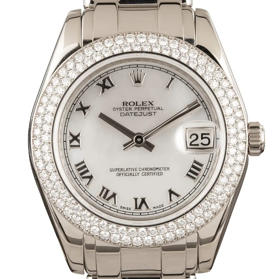 Rolex Pearlmaster 81339 with a white Roman-numeral dial, diamond-set bezel and white gold Pearlmaster bracelet, a pre-owned example, studio close-up of the case