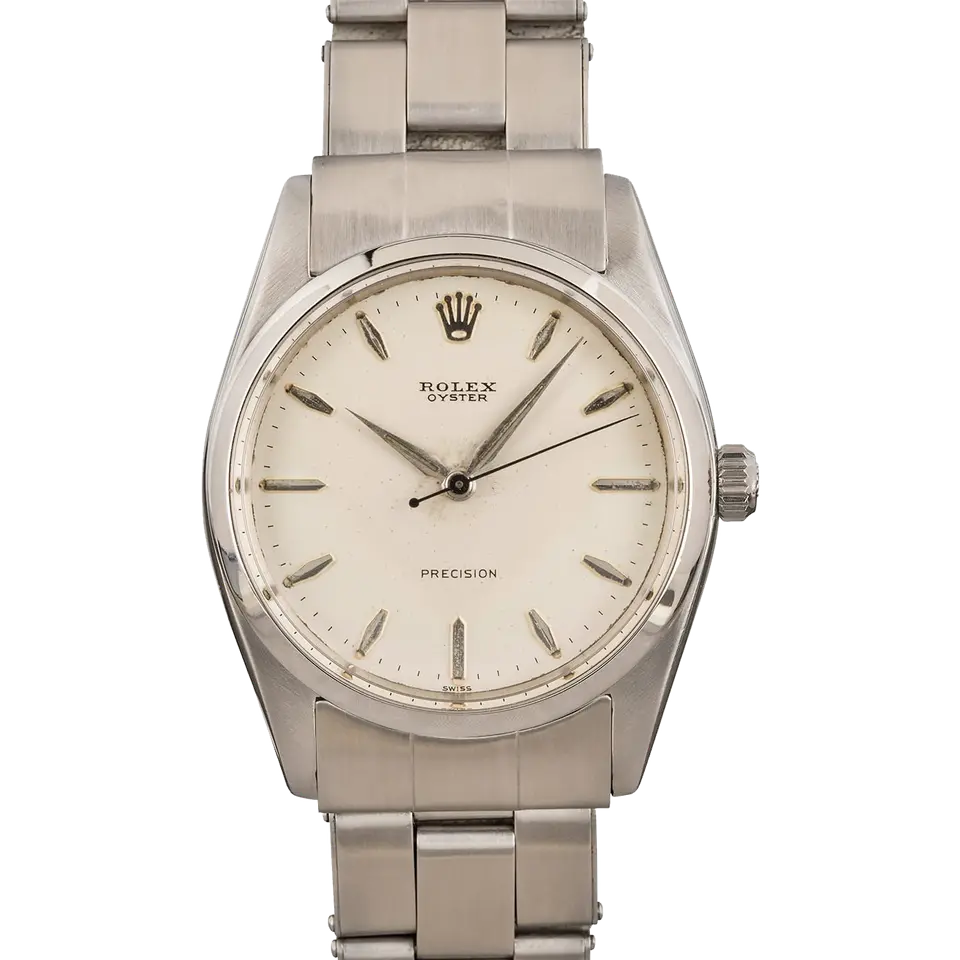 Rolex Oyster Precision 36 6424 with a silver Precision dial, smooth steel bezel and steel Oyster bracelet, a pre-owned example, front view of the whole watch