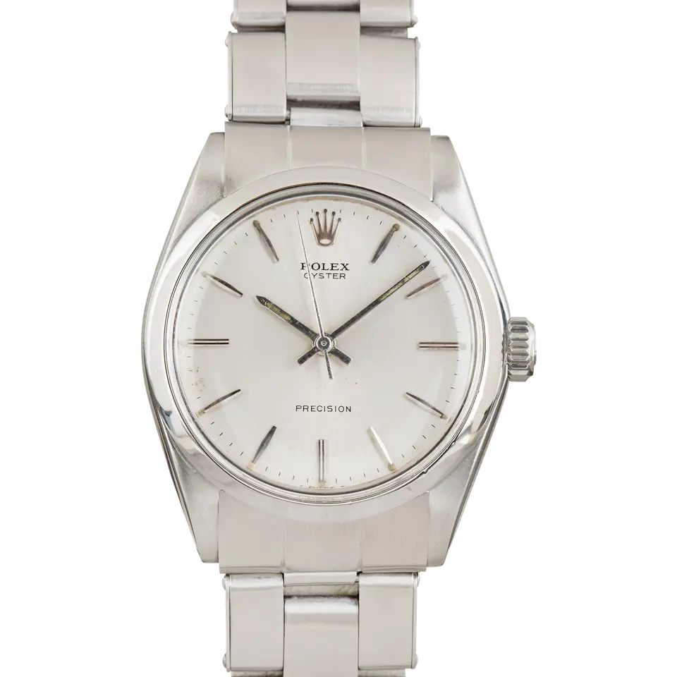 Rolex Oyster Precision 6426 with a silver Precision dial, smooth steel bezel and steel Oyster bracelet, a pre-owned example, front view of the whole watch