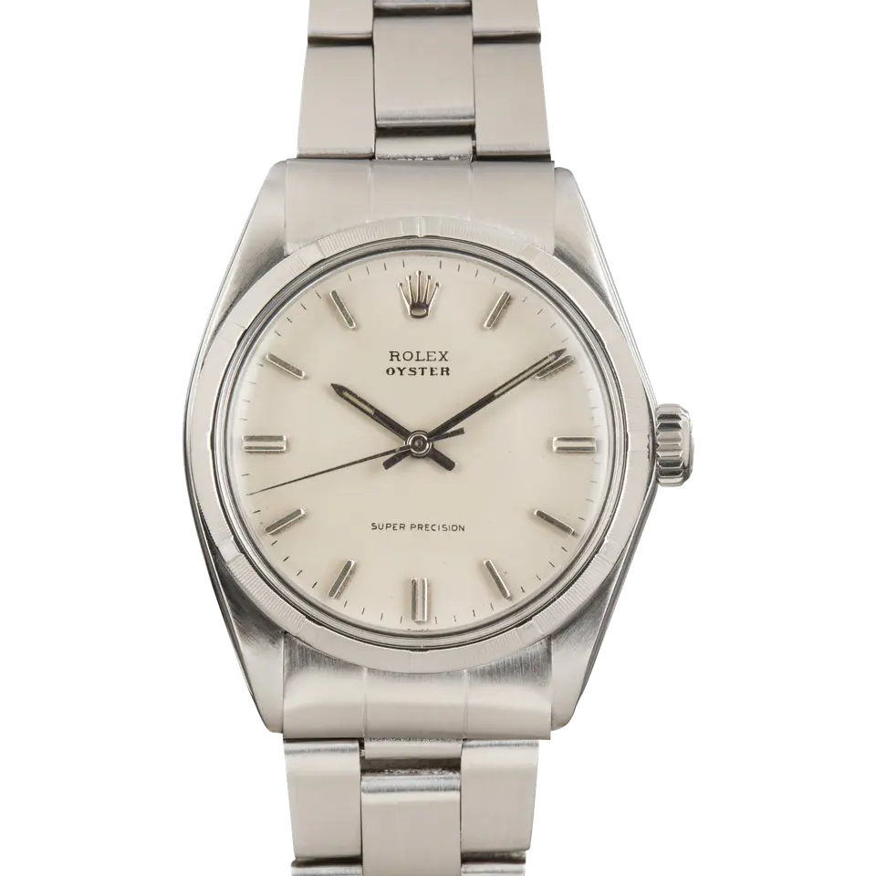 Rolex Oyster Precision 6427 with a silver Super Precision dial, smooth steel bezel and steel Oyster bracelet, a pre-owned example, front view of the whole watch