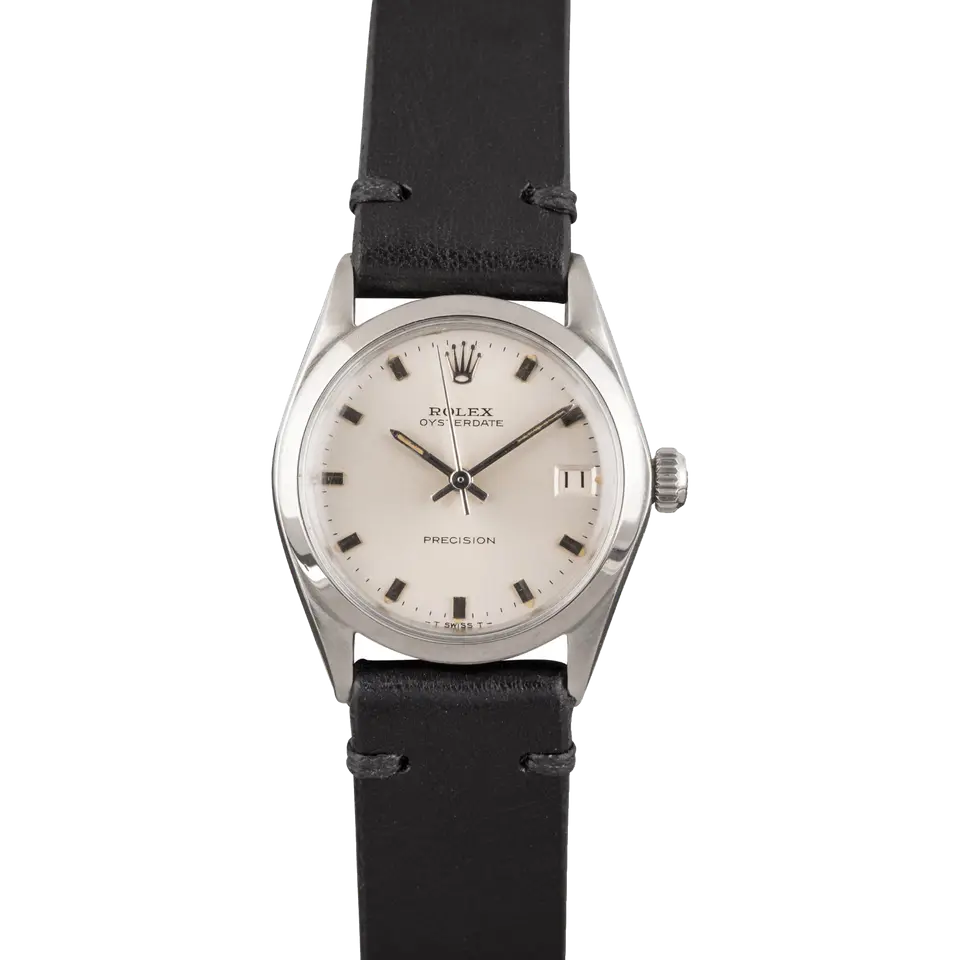 Rolex Oysterdate Precision 6466 with a silver OysterDate Precision dial, smooth steel case on a black leather strap, a pre-owned example, front view of the whole watch