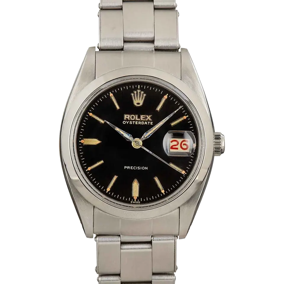 Rolex Oysterdate Precision 6494 with a black OysterDate Precision dial, smooth steel bezel and steel Oyster bracelet, a pre-owned example, front view of the whole watch