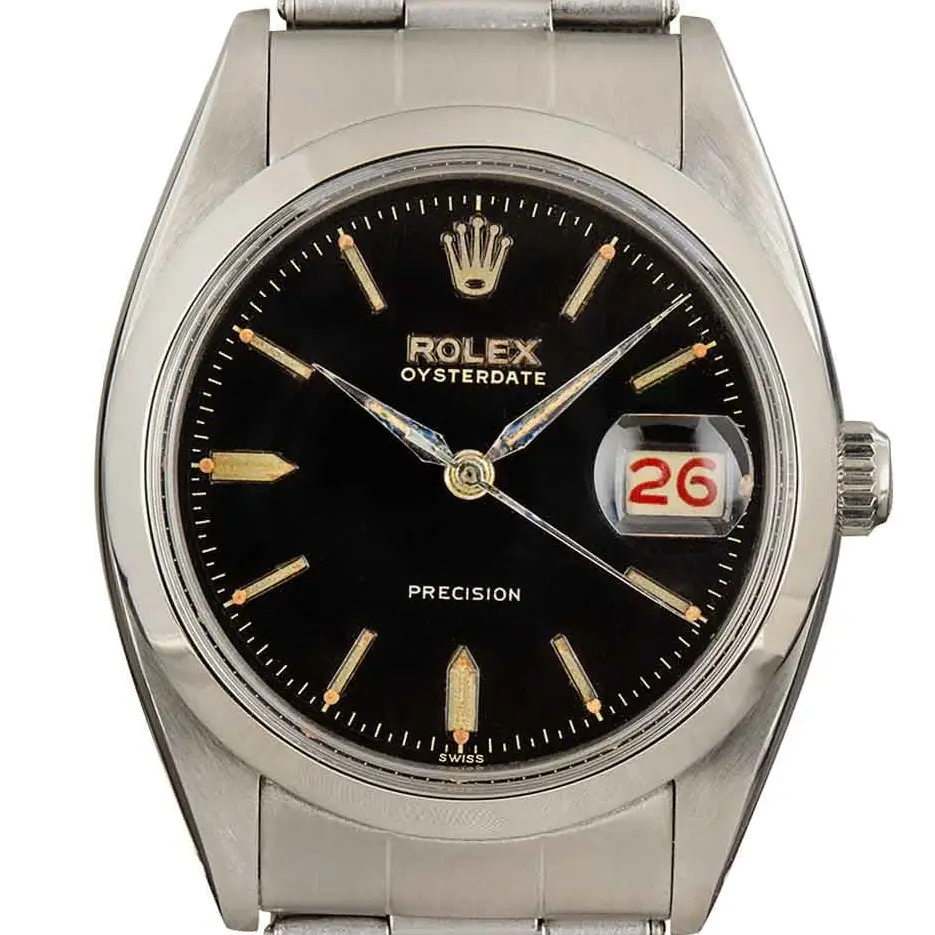 Rolex Oysterdate Precision 6494 with a black OysterDate Precision dial, smooth steel bezel and steel Oyster bracelet, a pre-owned example, studio close-up of the case