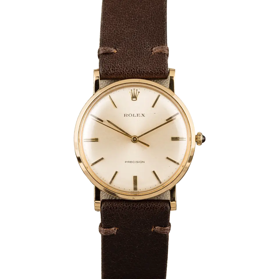 Rolex Precision 9659 with a silver Precision dial, round yellow gold case on a brown leather strap, a pre-owned example, front view of the whole watch