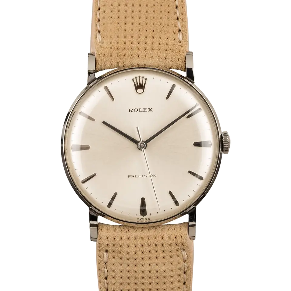 Rolex Precision 9829 with a silver Precision dial, round steel case on a beige leather strap, a pre-owned example, front view of the whole watch