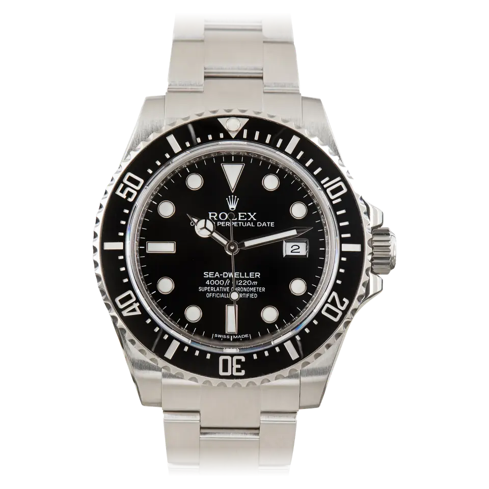 Rolex Sea-Dweller 4000 116600 with a black dial and black ceramic bezel on a steel Oyster bracelet, a pre-owned example, front view of the whole watch