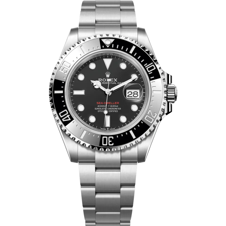 Rolex Sea-Dweller 126600 with a black dial with a red Sea-Dweller line and a black ceramic diving bezel on an Oyster bracelet, front view