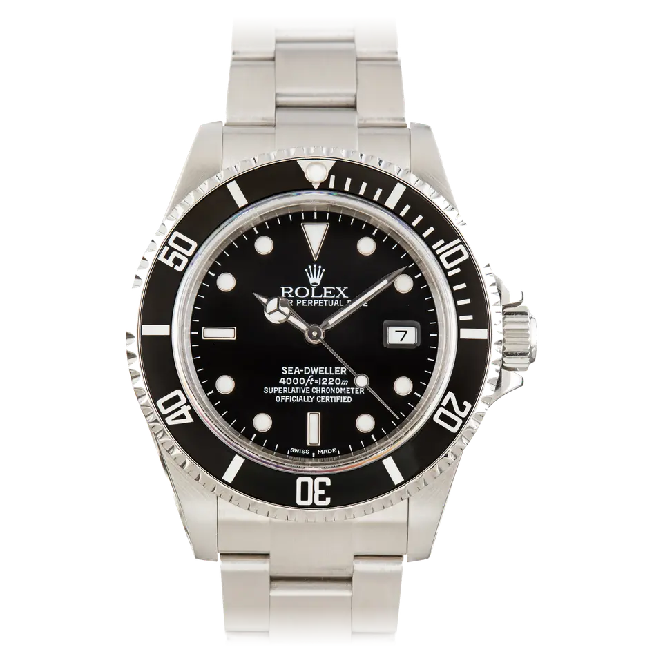 Rolex Sea-Dweller 4000 16600 with a black dial and black aluminium bezel insert on a steel Oyster bracelet, a pre-owned example, front view of the whole watch
