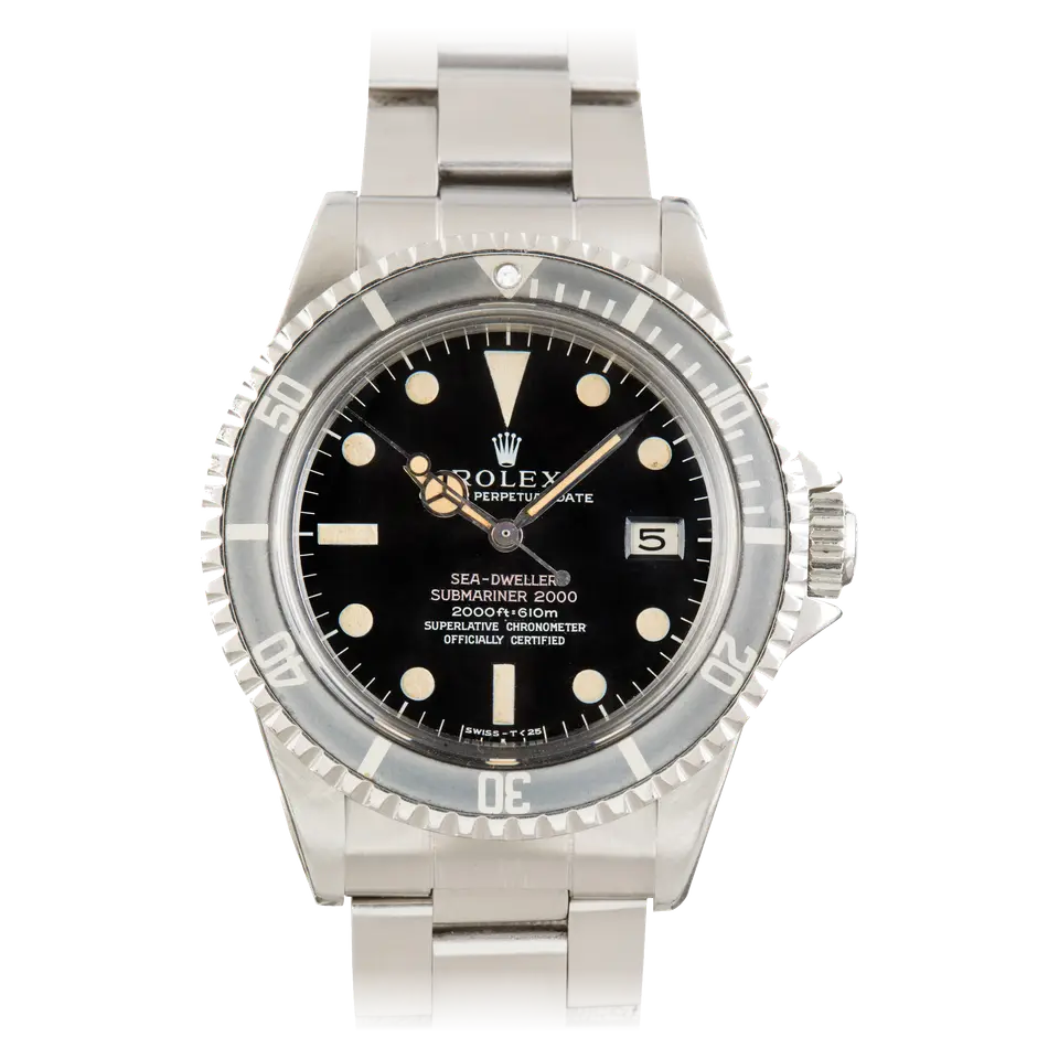 Rolex Sea-Dweller 1665 with a black dial with two red lines of text and an aged black bezel insert on a steel Oyster bracelet, a pre-owned example, front view of the whole watch