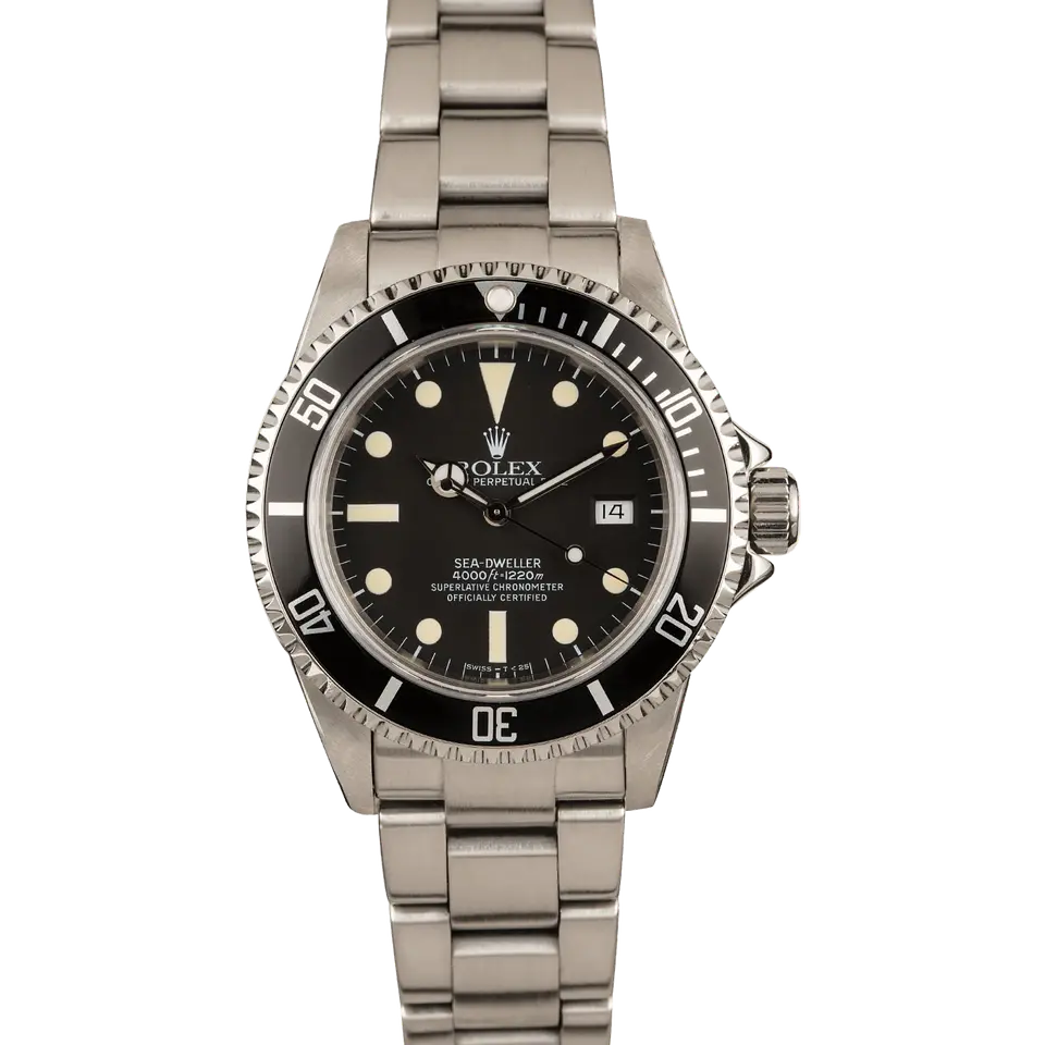 Rolex Sea-Dweller 4000 16660 with a matte black dial and black bezel insert on a steel Oyster bracelet, a pre-owned example, front view of the whole watch