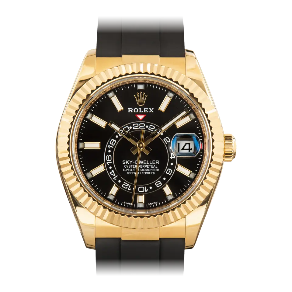 Rolex Sky-Dweller 326238 with a black dial and fluted bezel in yellow gold on a black Oysterflex strap, a pre-owned example, front view of the whole watch