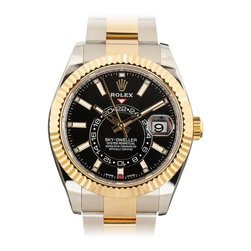 Rolex Sky-Dweller 326933 with a black dial and fluted yellow gold bezel in steel and yellow gold on an Oyster bracelet, a pre-owned example, front view of the whole watch