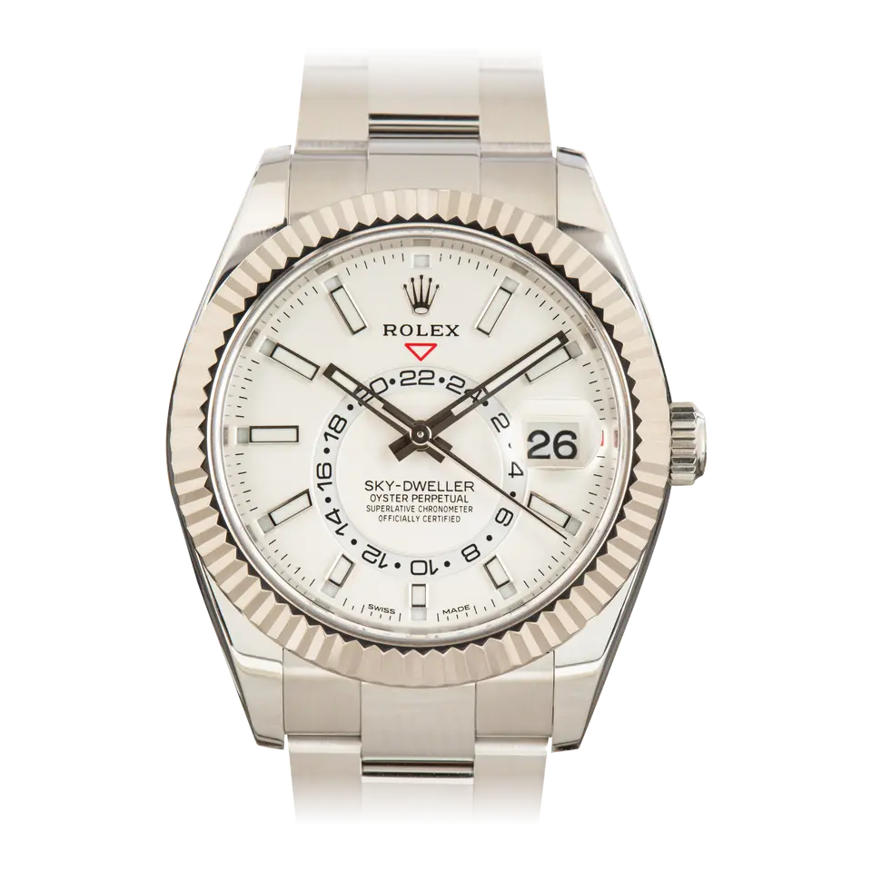 Rolex Sky-Dweller 326934 with a white dial and fluted white gold bezel on a steel Oyster bracelet, a pre-owned example, front view of the whole watch
