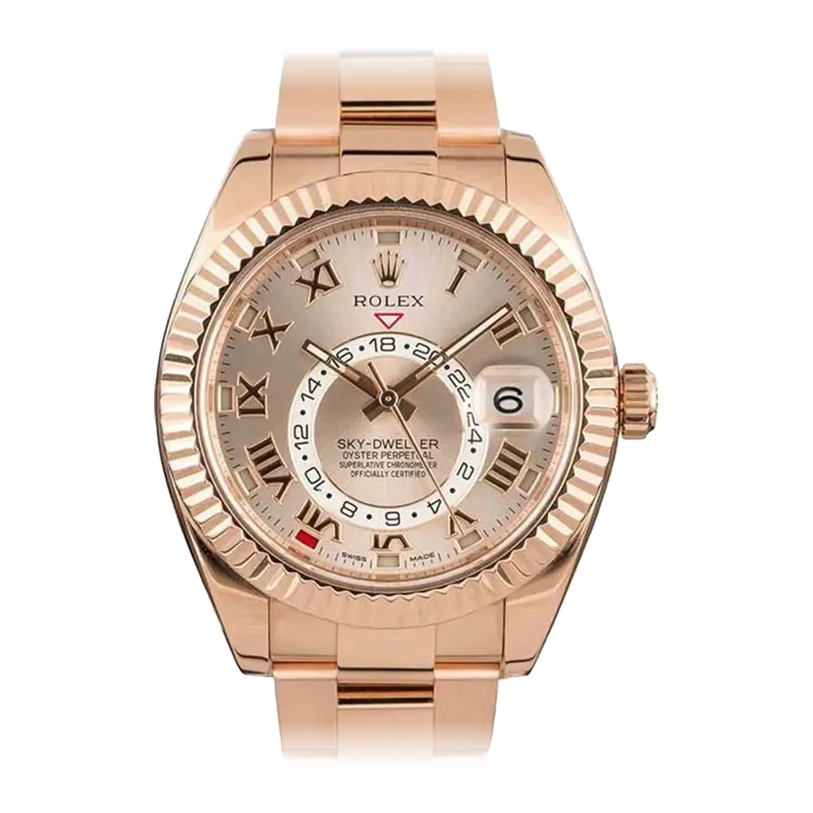Rolex Sky-Dweller 326935 with a sundust dial with Roman numerals and fluted Everose bezel in Everose gold on an Oyster bracelet, a pre-owned example, front view of the whole watch