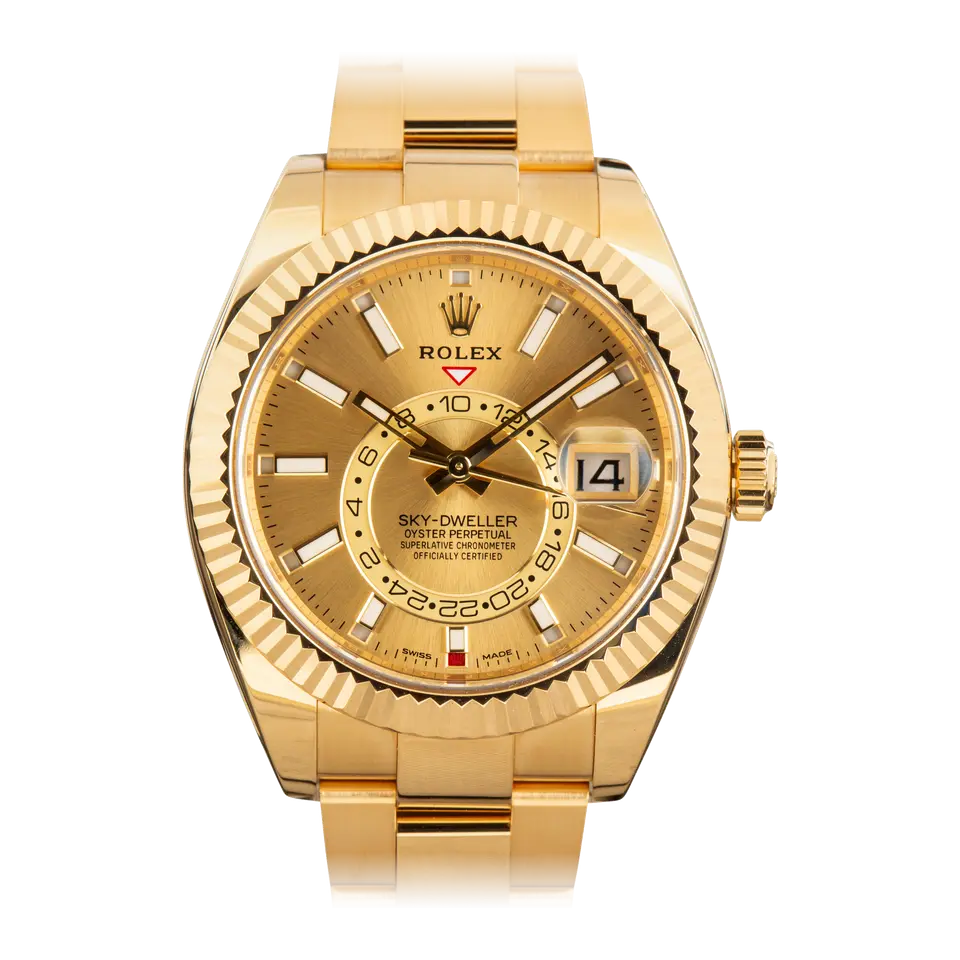 Rolex Sky-Dweller 326938 with a champagne dial and fluted yellow gold bezel in yellow gold on an Oyster bracelet, a pre-owned example, front view of the whole watch