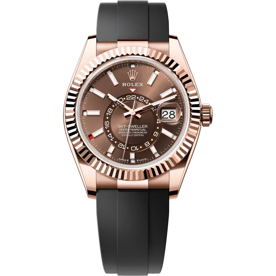 Rolex Sky-Dweller 336235 with a chocolate dial and a fluted Everose gold bezel on a black Oysterflex strap, front view