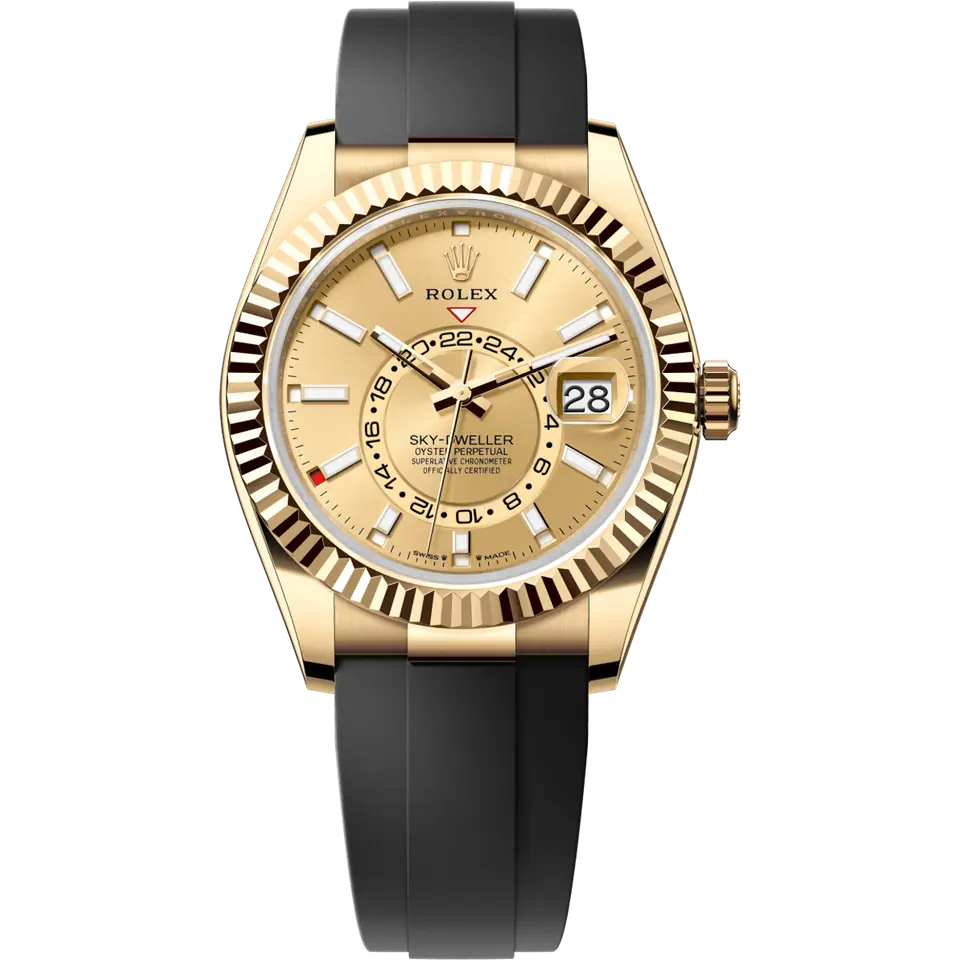 Rolex Sky-Dweller 336238 with a golden dial and a fluted yellow gold bezel on a black Oysterflex strap, front view