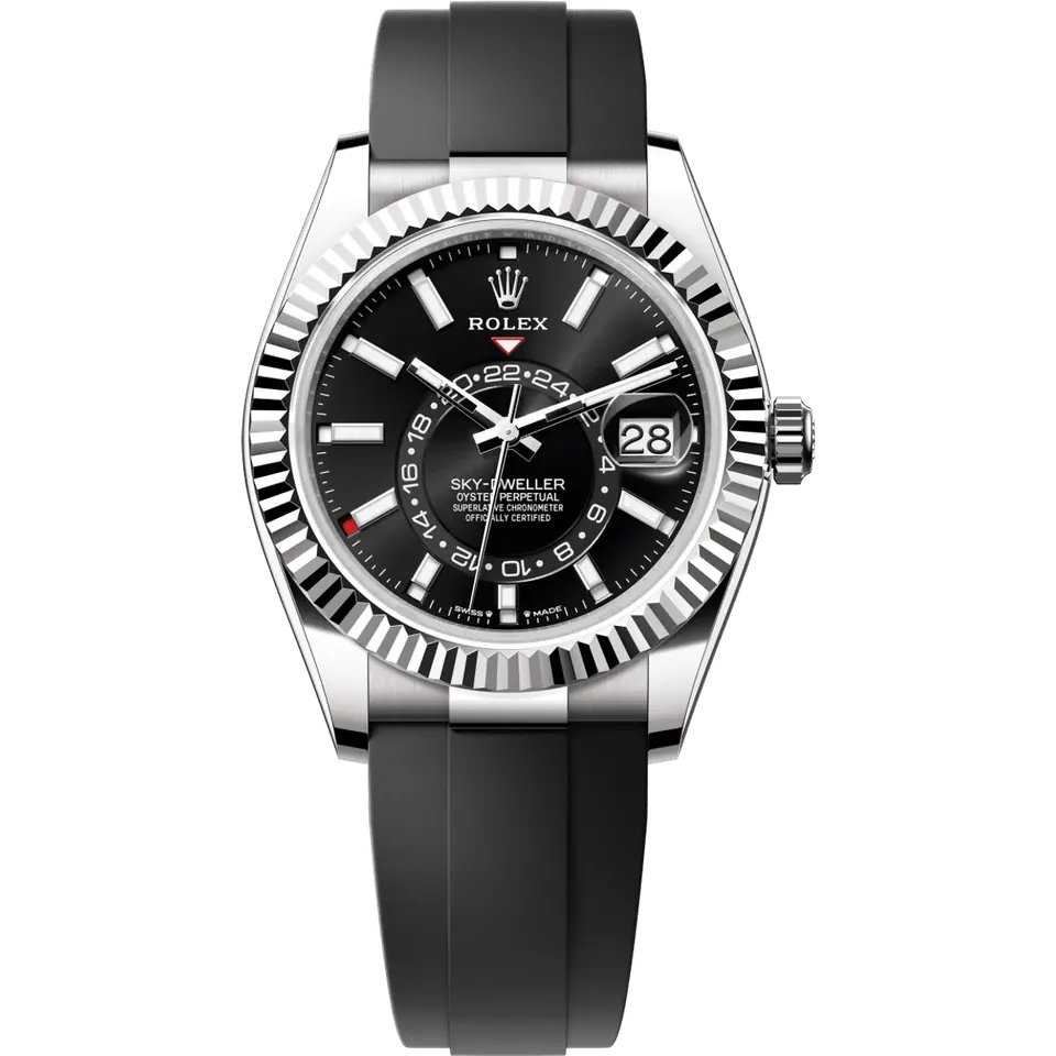 Rolex Sky-Dweller 336239 with a black dial and a fluted white gold bezel on a black Oysterflex strap, front view