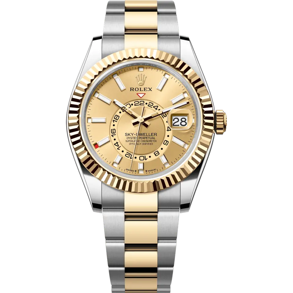 Rolex Sky-Dweller 336933 with a golden dial and a fluted yellow gold bezel on a yellow Rolesor Oyster bracelet, front view