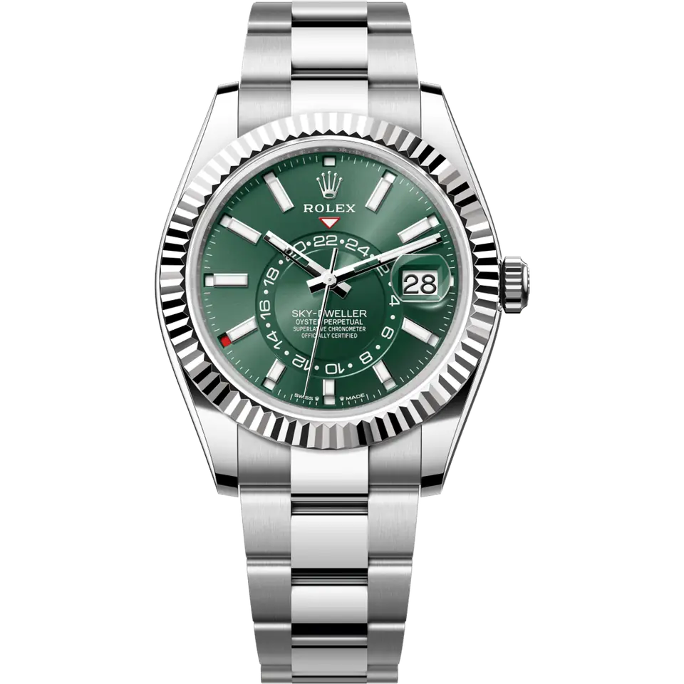 Rolex Sky-Dweller 336934 with a mint green dial and a fluted white gold bezel on an Oyster bracelet, front view