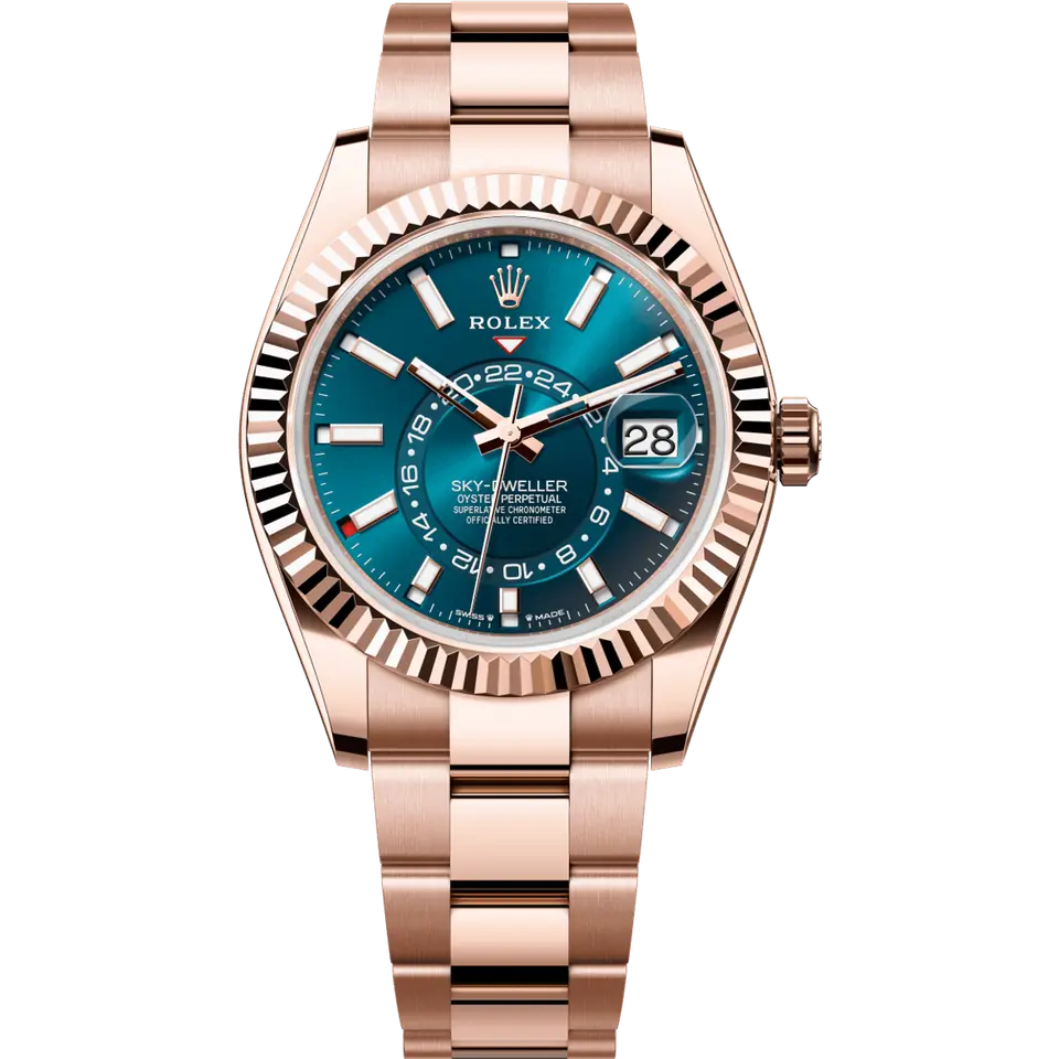Rolex Sky-Dweller 336935 with a blue-green dial and a fluted Everose gold bezel on an Everose gold Oyster bracelet, front view