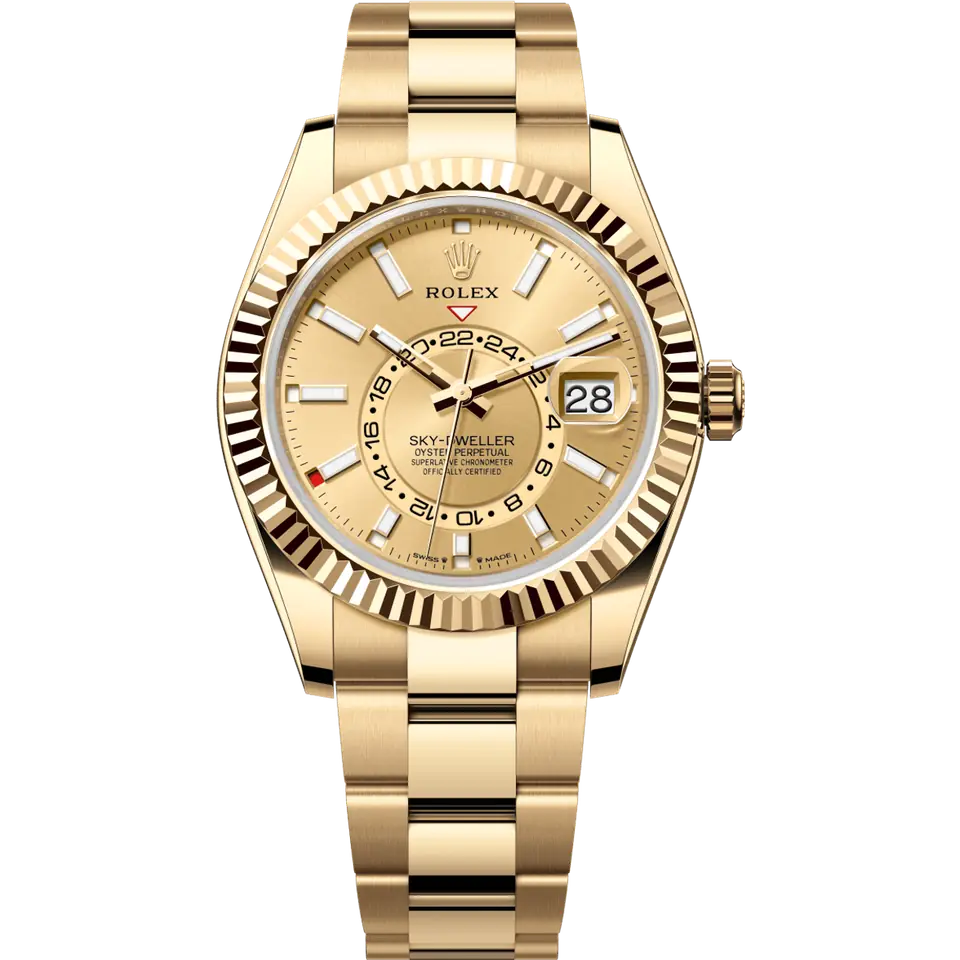 Rolex Sky-Dweller 336938 with a golden dial and a fluted yellow gold bezel on a yellow gold Oyster bracelet, front view