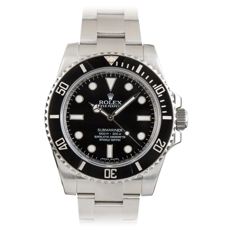 Rolex Submariner 114060 with a black dial without date and black ceramic bezel on a steel Oyster bracelet, a pre-owned example, front view of the whole watch