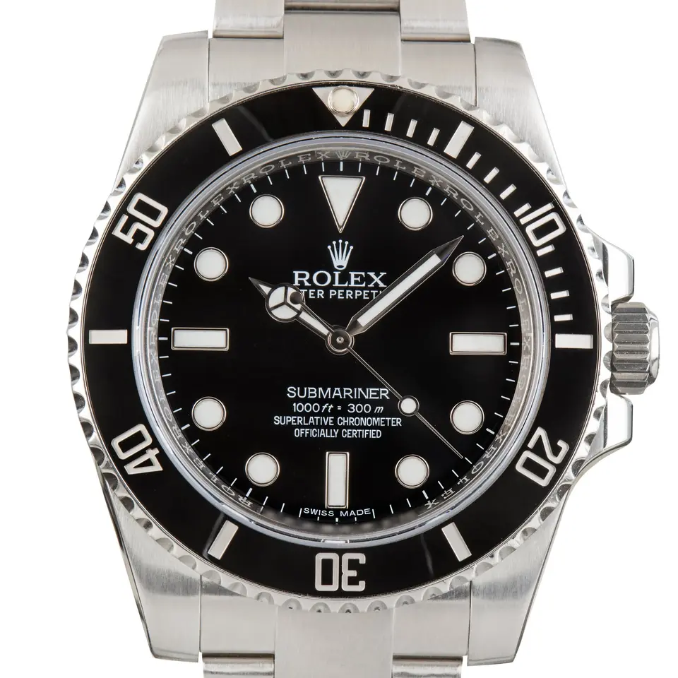 Rolex Submariner 114060 with a black dial without date and black ceramic bezel on a steel Oyster bracelet, a pre-owned example, studio close-up of the case