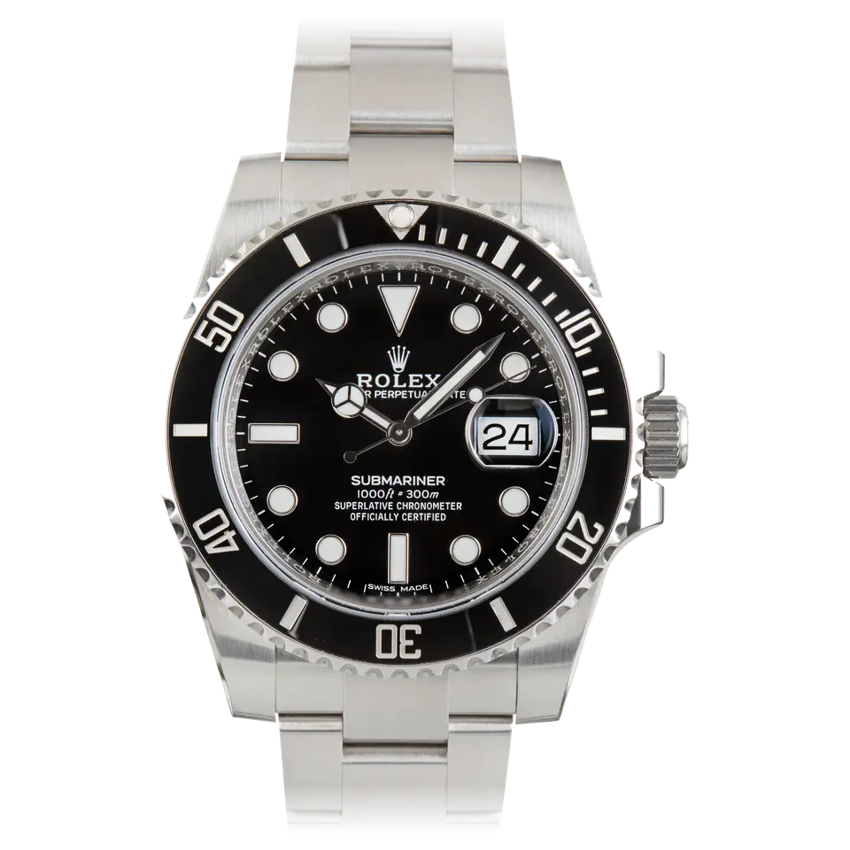 Rolex Submariner Date 116610LN with a black dial and black ceramic bezel on a steel Oyster bracelet, a pre-owned example, front view of the whole watch