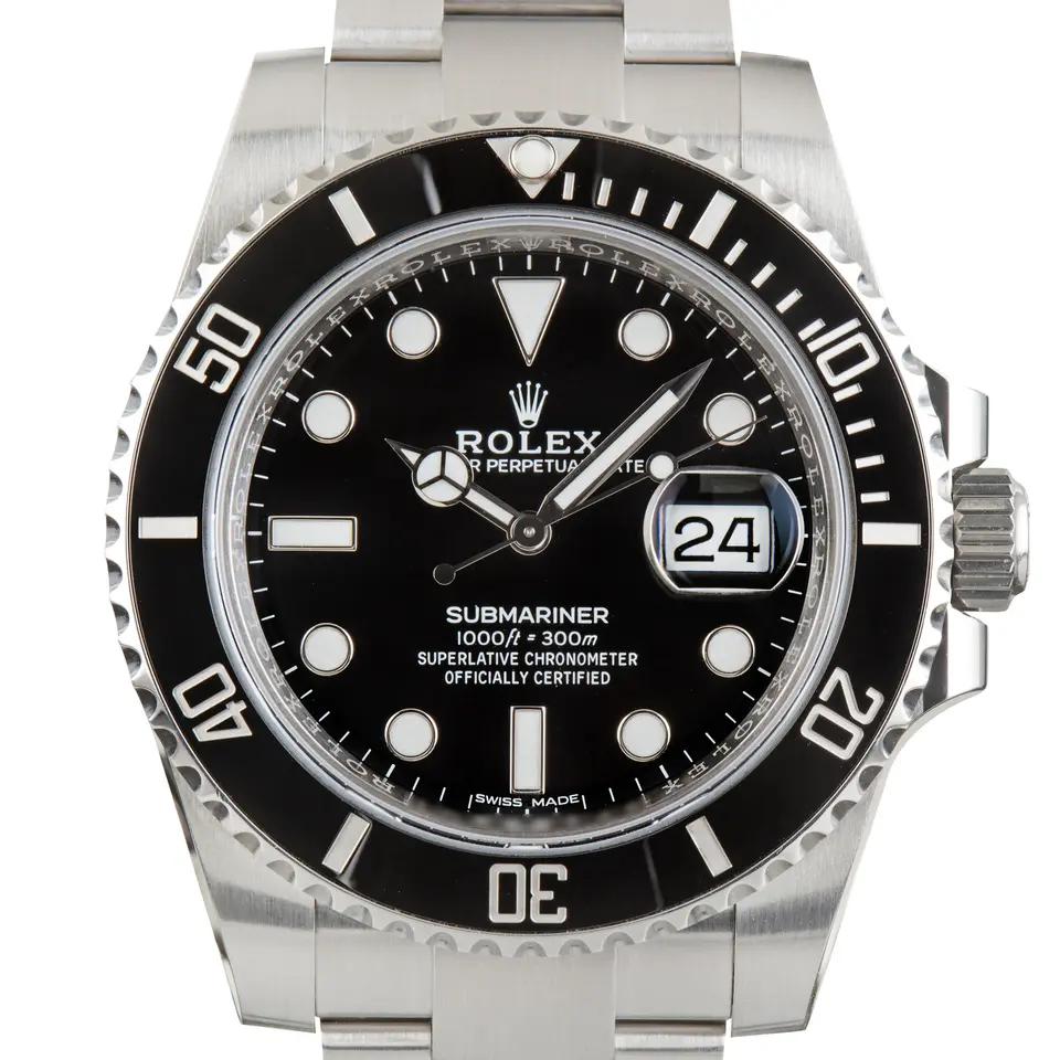 Rolex Submariner Date 116610LN with a black dial and black ceramic bezel on a steel Oyster bracelet, a pre-owned example, studio close-up of the case