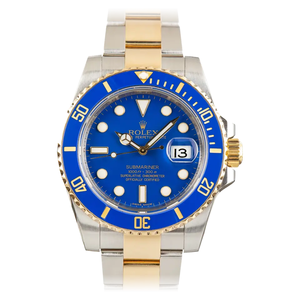 Rolex Submariner Date 116613LB with a blue dial and blue ceramic bezel in steel and yellow gold on an Oyster bracelet, a pre-owned example, front view of the whole watch