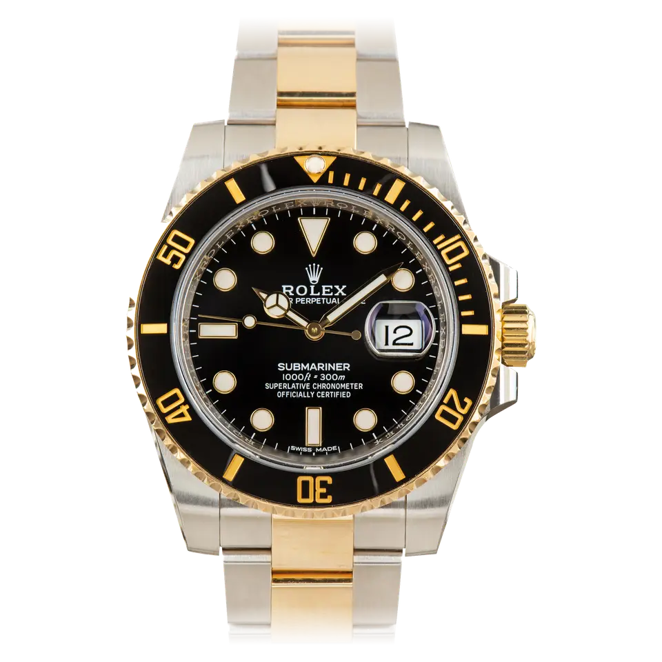 Rolex Submariner Date 116613LN with a black dial and black ceramic bezel in steel and yellow gold on an Oyster bracelet, a pre-owned example, front view of the whole watch