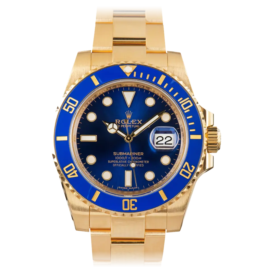 Rolex Submariner Date 116618LB with a blue dial and blue ceramic bezel in yellow gold on an Oyster bracelet, a pre-owned example, front view of the whole watch