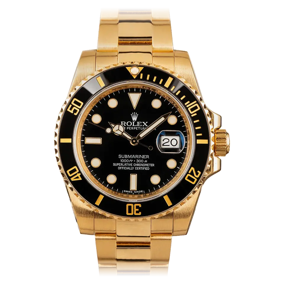 Rolex Submariner Date 116618LN with a black dial and black ceramic bezel in yellow gold on an Oyster bracelet, a pre-owned example, front view of the whole watch
