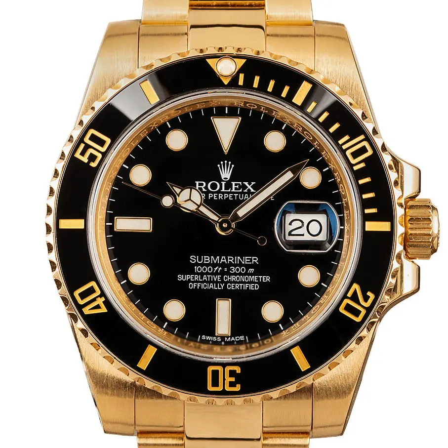 Rolex Submariner Date 116618LN with a black dial and black ceramic bezel in yellow gold on an Oyster bracelet, a pre-owned example, studio close-up of the case