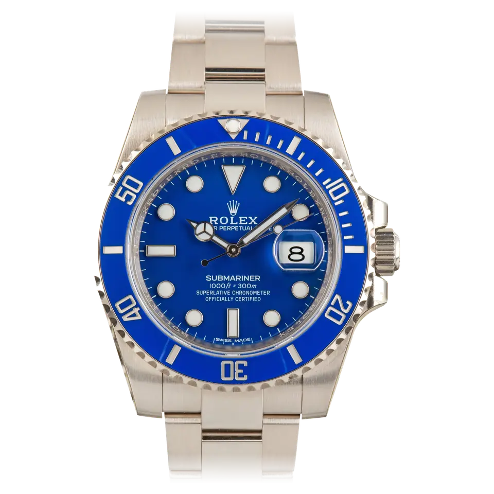 Rolex Submariner Date 116619LB with a blue dial and blue ceramic bezel in white gold on an Oyster bracelet, a pre-owned example, front view of the whole watch