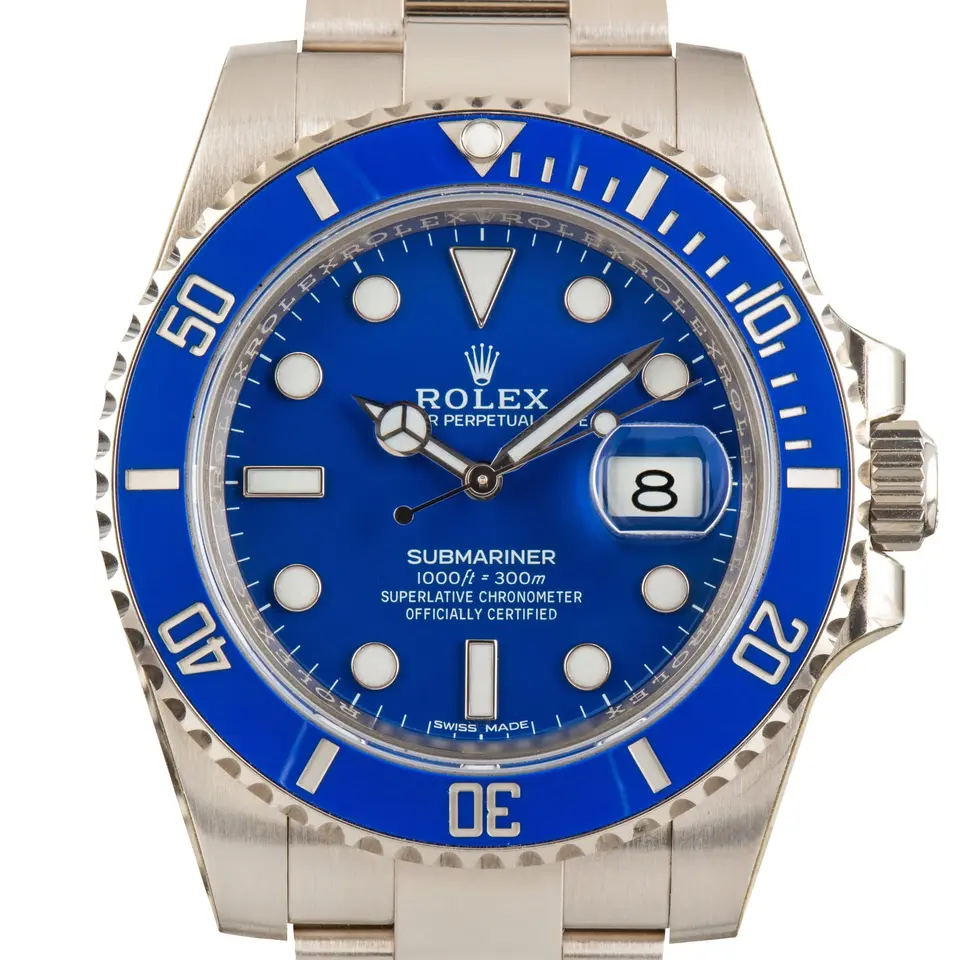 Rolex Submariner Date 116619LB with a blue dial and blue ceramic bezel in white gold on an Oyster bracelet, a pre-owned example, studio close-up of the case