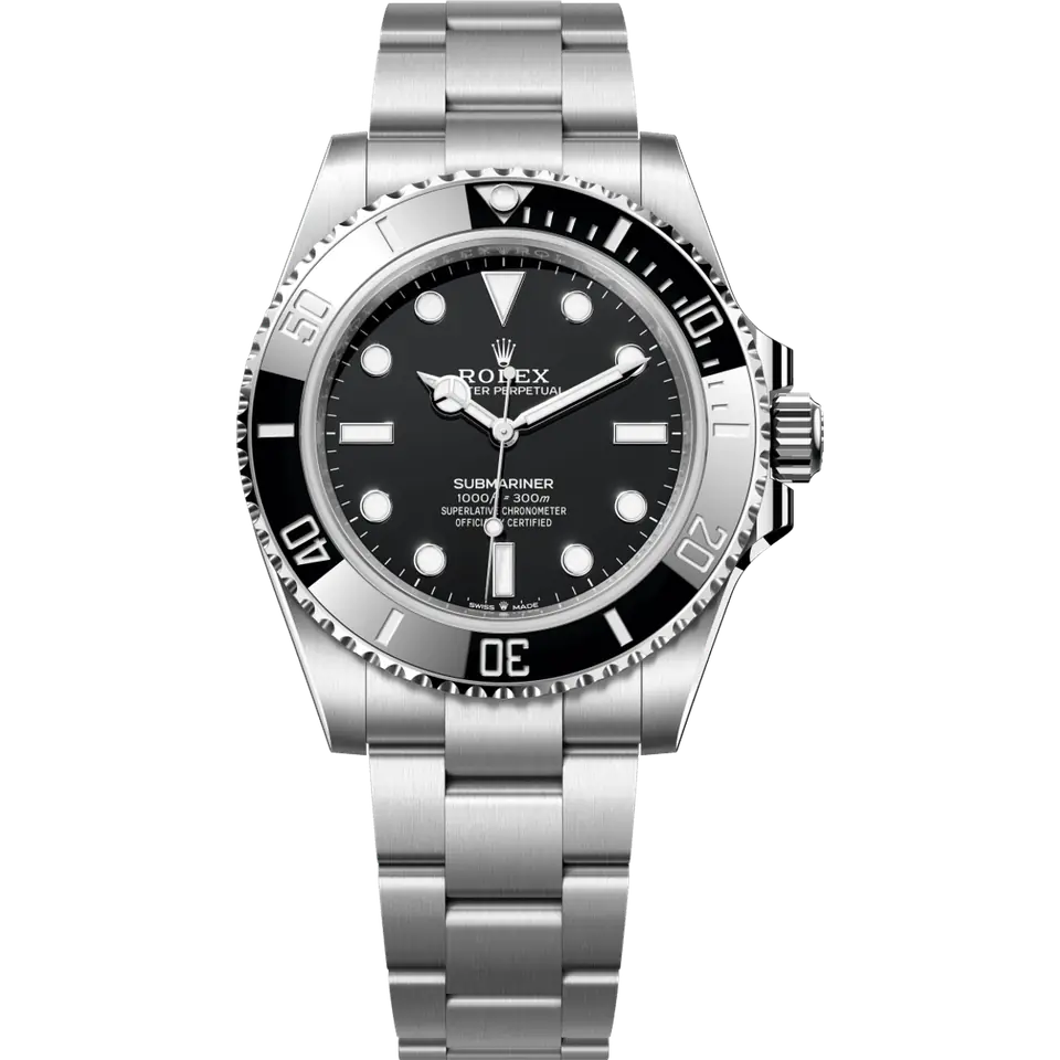 Rolex Submariner 124060 with a black dial, no date window and a black ceramic bezel on a steel Oyster bracelet, front view