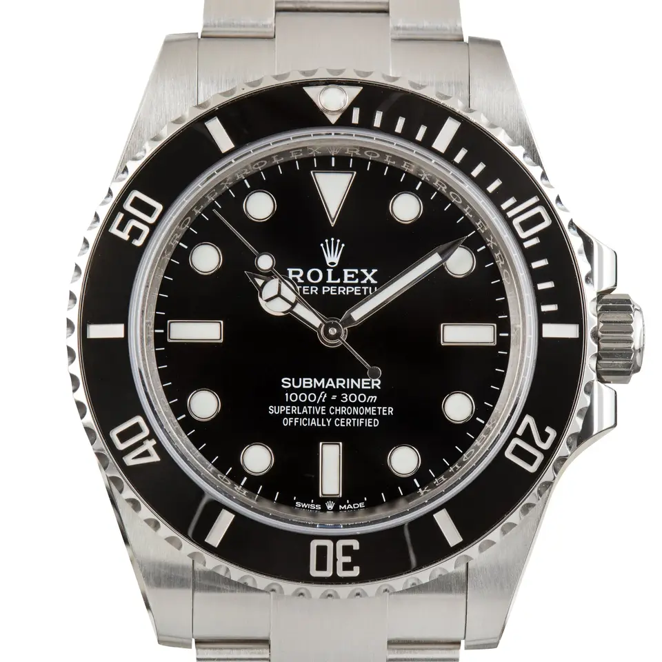 Rolex Submariner 124060 with a black dial, no date window and a black ceramic bezel, a pre-owned example, studio close-up of the case