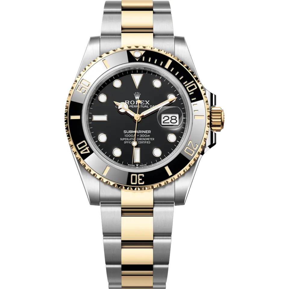 Rolex Submariner Date 126613LN with a black dial and a black ceramic bezel on a yellow Rolesor Oyster bracelet, front view