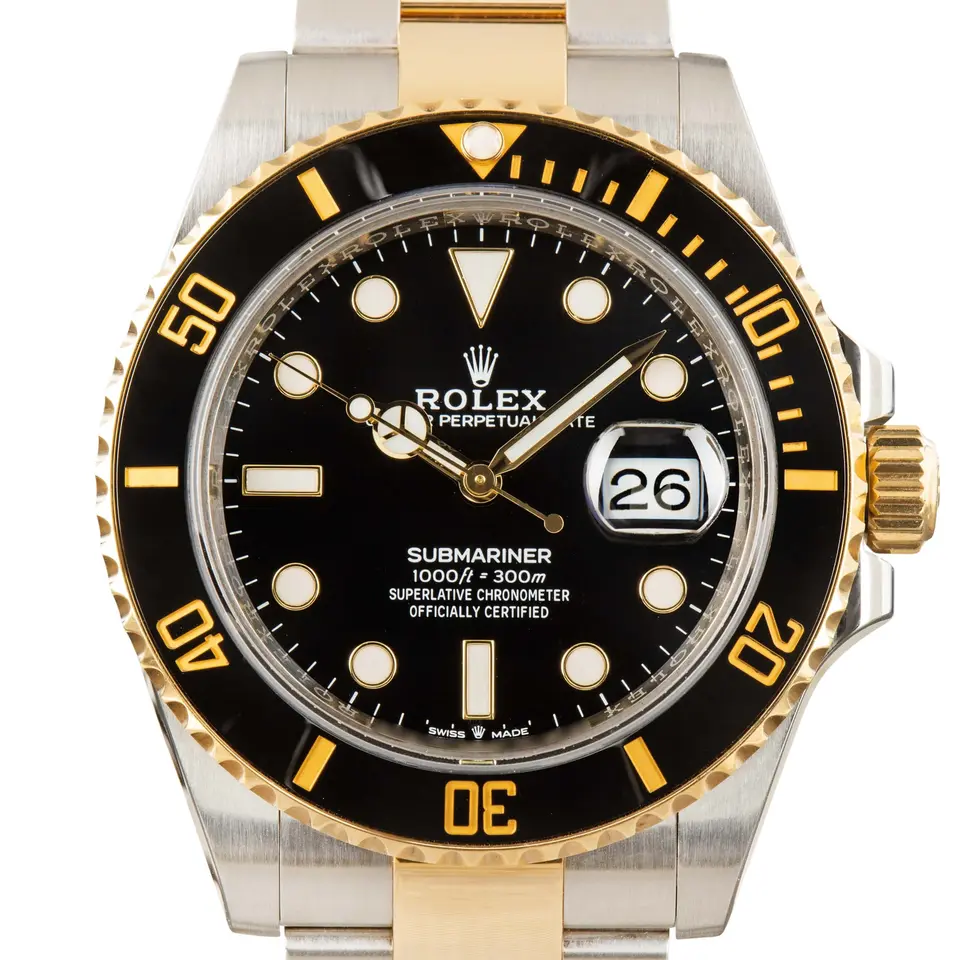 Rolex Submariner Date 126613LN with a black dial and a black ceramic bezel, a pre-owned example, studio close-up of the case