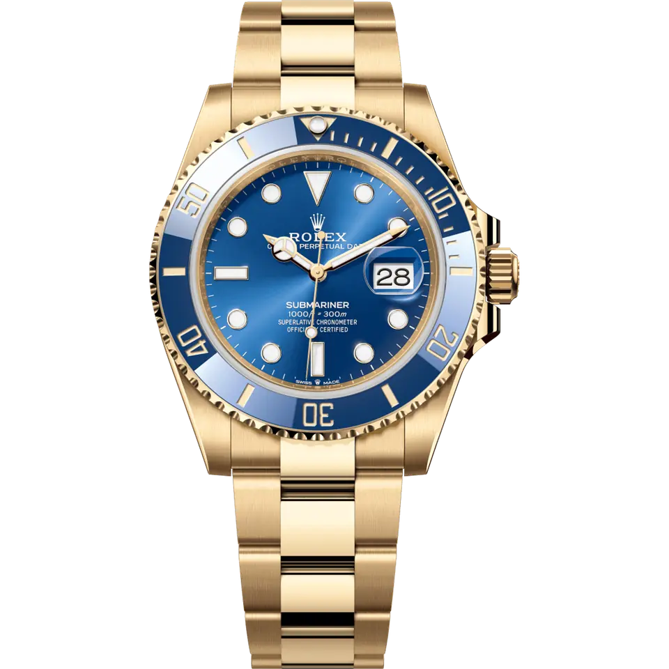 Rolex Submariner Date 126618LB with a blue dial and a blue ceramic bezel on a yellow gold Oyster bracelet, front view