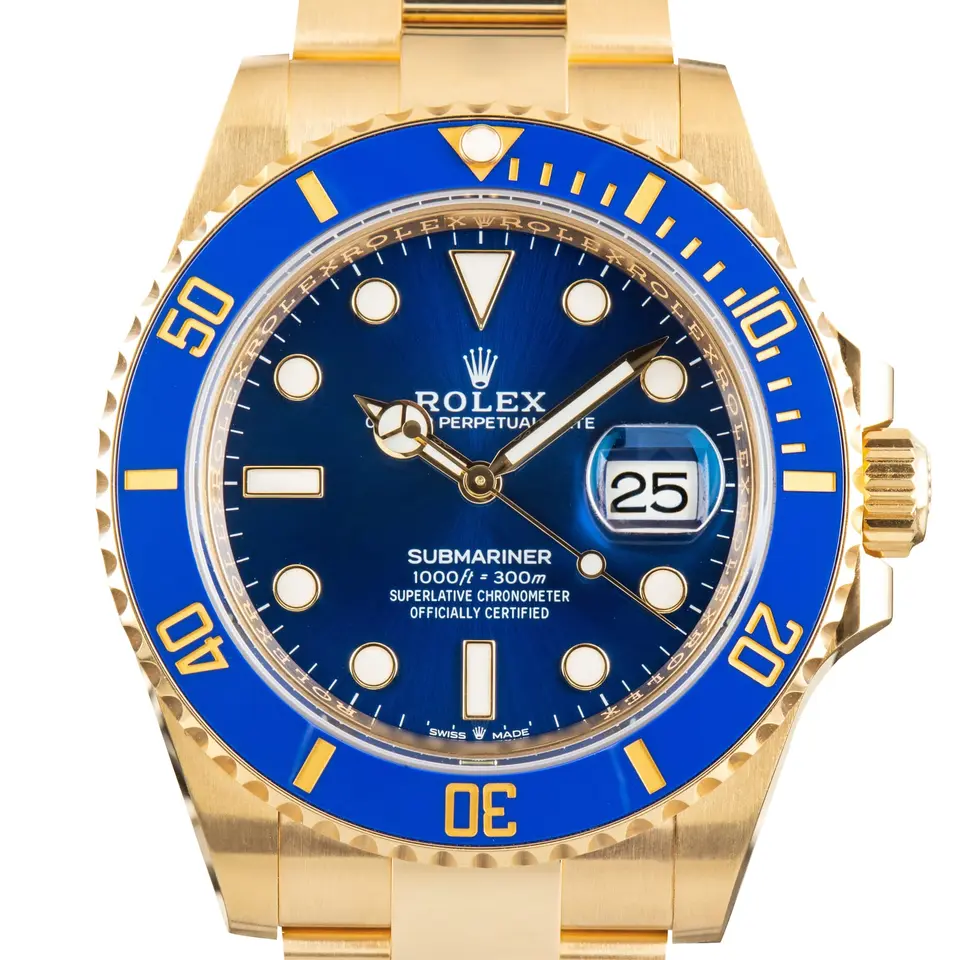 Rolex Submariner Date 126618LB with a blue dial and a blue ceramic bezel, a pre-owned example, studio close-up of the case