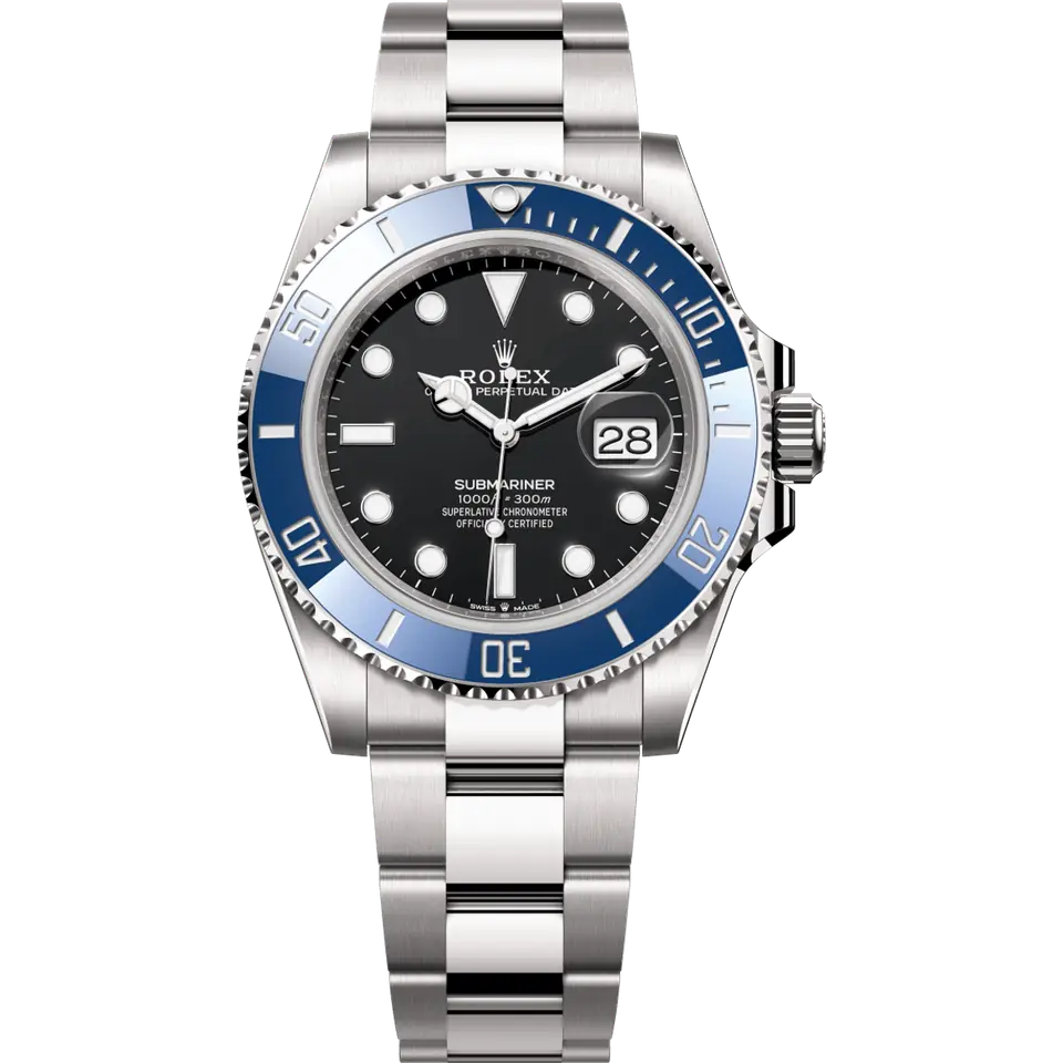 Rolex Submariner Date 126619LB with a black dial and a blue ceramic bezel on a white gold Oyster bracelet, front view