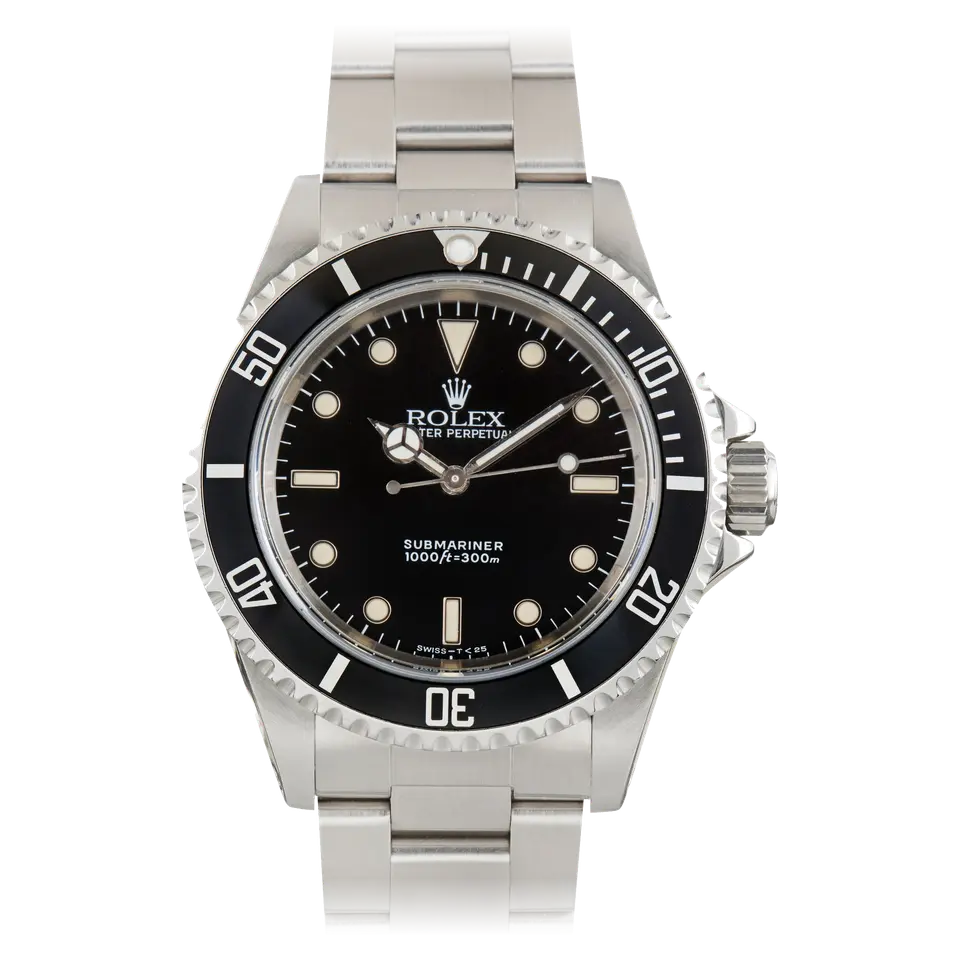 Rolex Submariner 14060 with a black dial without date and black aluminium bezel insert on a steel Oyster bracelet, a pre-owned example, front view of the whole watch