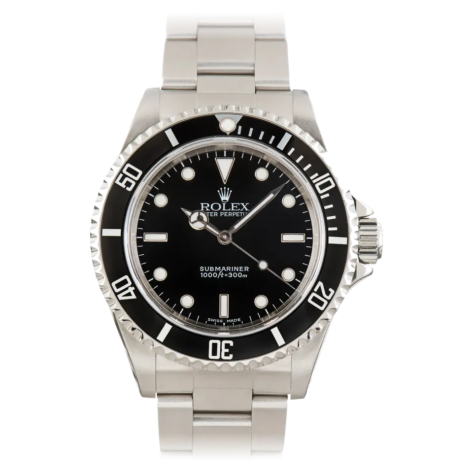 Rolex Submariner 14060M with a black dial without date and black aluminium bezel insert on a steel Oyster bracelet, a pre-owned example, front view of the whole watch