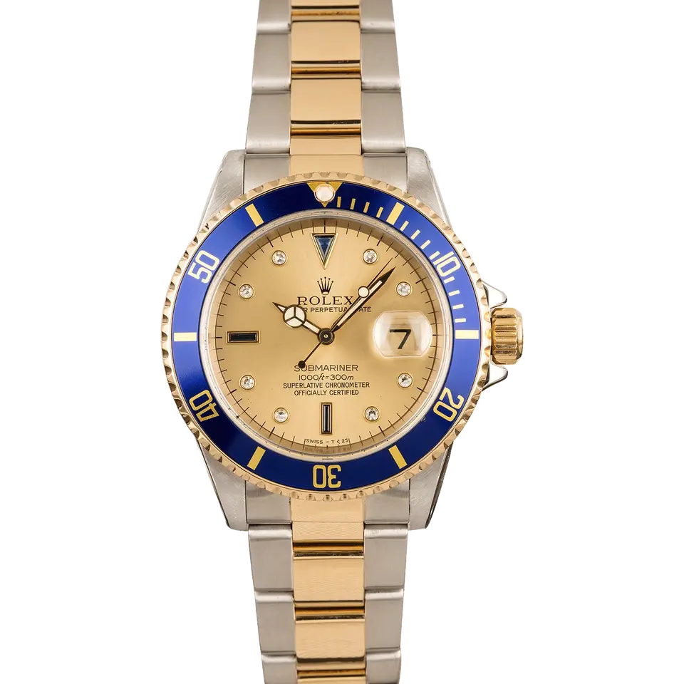 Rolex Submariner Date 16613 with a champagne dial with gem-set markers and blue bezel in steel and yellow gold on an Oyster bracelet, a pre-owned example, front view of the whole watch