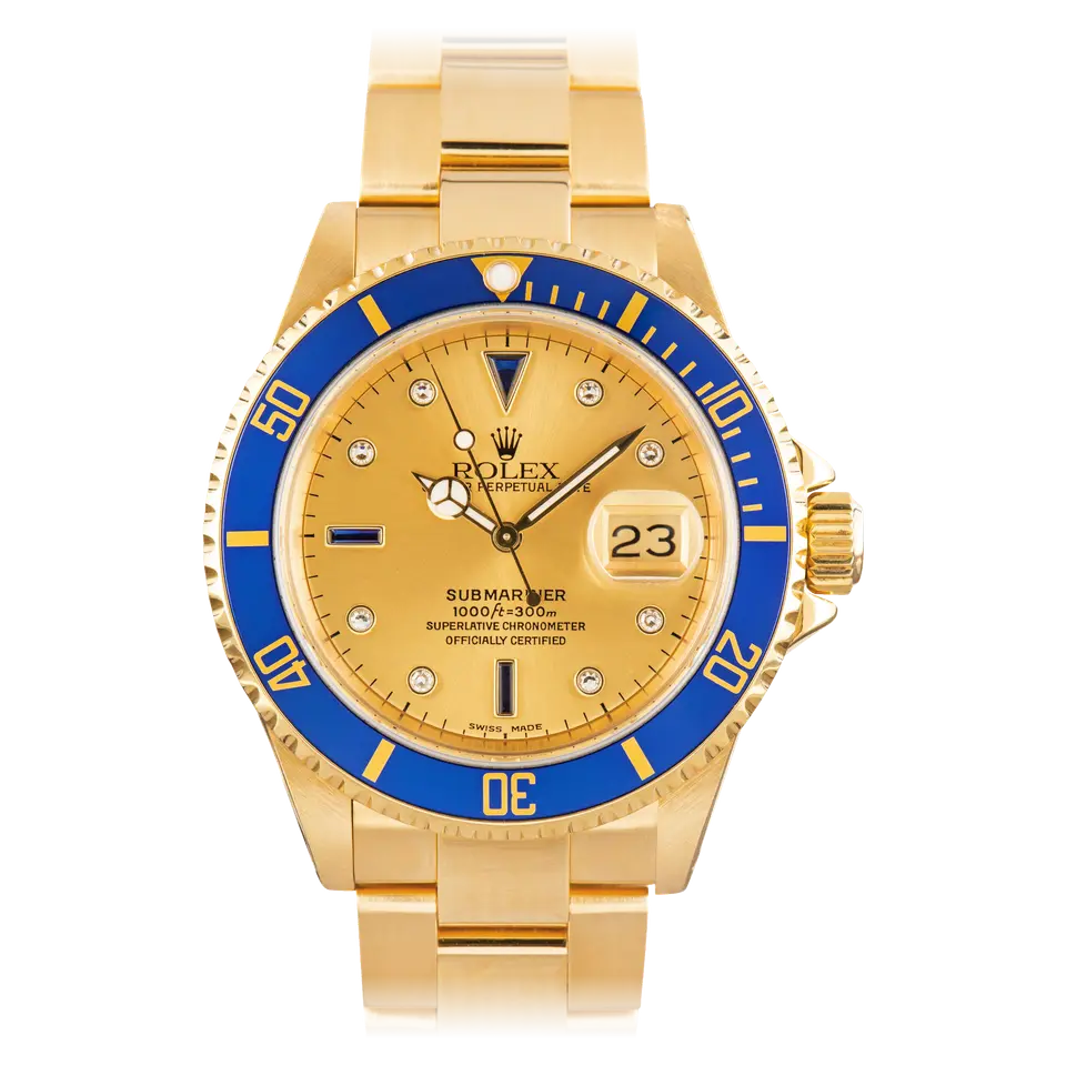 Rolex Submariner Date 16618 with a champagne dial with gem-set markers and blue bezel in yellow gold on an Oyster bracelet, a pre-owned example, front view of the whole watch