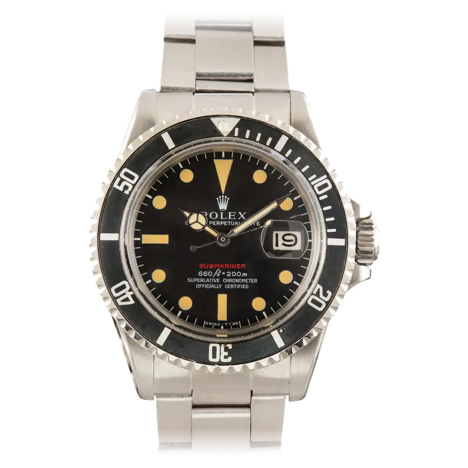 Rolex Submariner Date 1680 with a black dial with a red Submariner line and black bezel on a steel Oyster bracelet, a pre-owned example, front view of the whole watch
